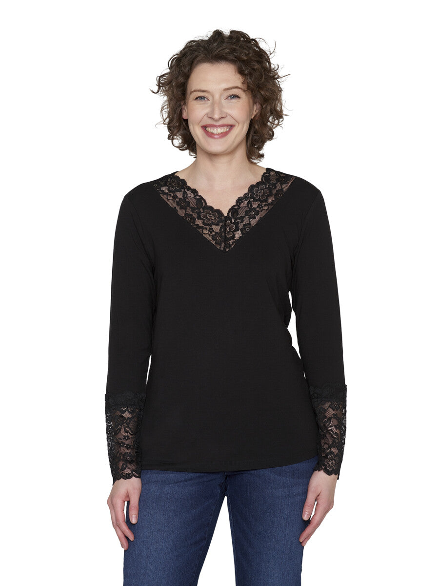 Sort bluse med blonde